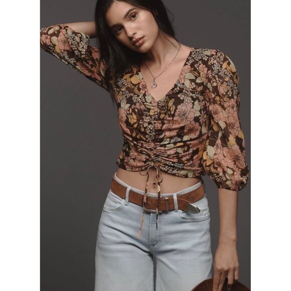 MOTHER Tops - MOTHER The Cinch Top XS Brown Floral Puff Sleeve Ruched Front Lightweight Blouse